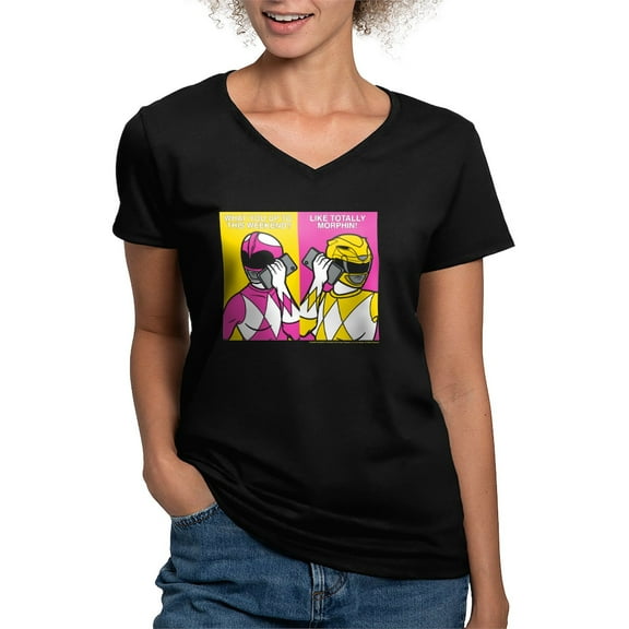 CafePress - Power Rangers On Their Cell Women's V Neck T Shirt - Women's V-Neck Dark T-Shirt