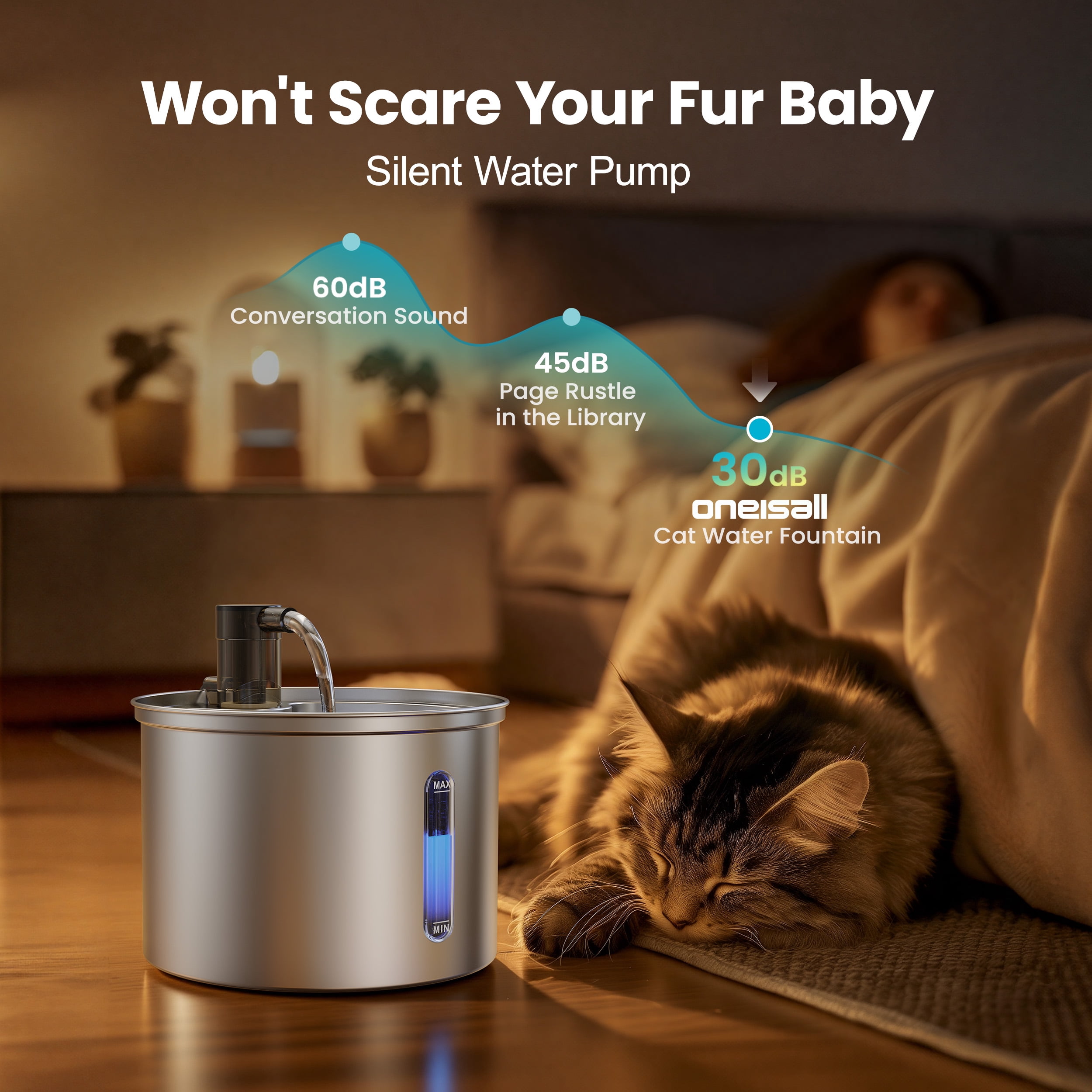 Oneisall PWF-002 Cat Water Fountain Stainless Steel 304, 3L/101oz Cats Love Water Fountains for Cats Indoor, Low Noise Cat Fountains for Drinking, Silver