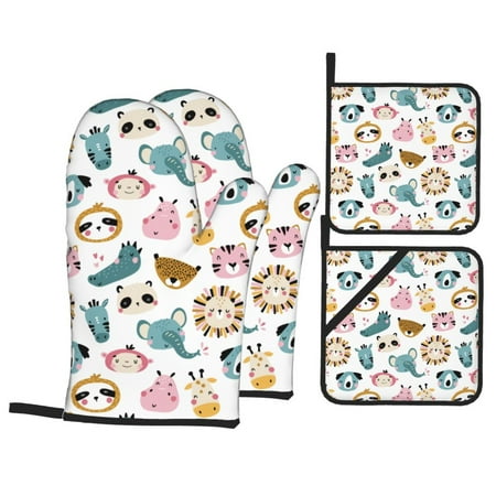 

Oven Mitts and Pot Holders Sets 4 pcs Cartoon animals A Non-Slip Oven Gloves Potholders Soft Quilted Lining Heat Resistant Gloves Hot Pads for Kitchen Cooking Baking