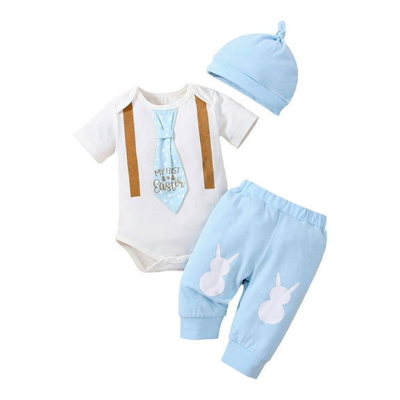Aunavey Short Sleeve Bow Tie Bodysuit Bunny Pat Cap Outfit Set (Infant Baby Boys)