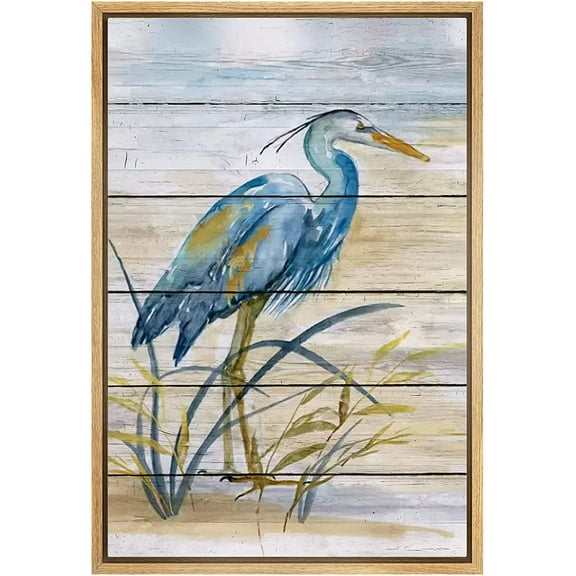 wall26 Framed Canvas Print Wall Art Retro Wood Panel Blue Beach Crane Bird Nature Wilderness Illustrations Modern Art Decorative Rustic Relax/Calm for Living Room, Bedroom, Office - 24"x36"