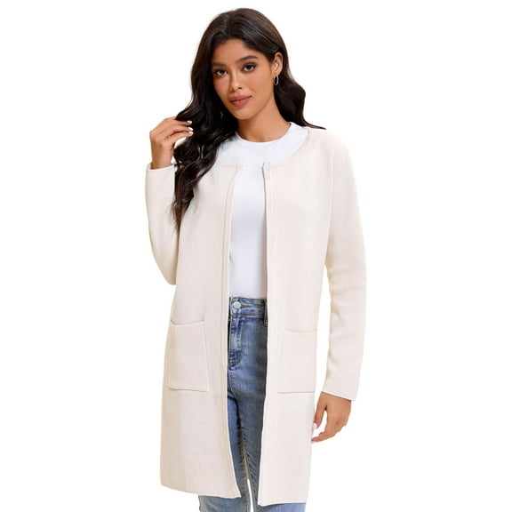 Women's Open Front Coatigan Sweater Long Sleeve Casual Knit Lapel Cardigan Coat with Pockets