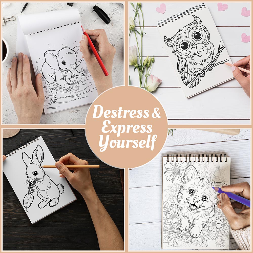 Netecom Cute Baby Animals Coloring Book Spiral Bound for Adults, A5 Wooden Cover, 30 Cuddly Coloring Pages of Forest Animal for Stress Relief and Relaxation, Spiral Bound Edition