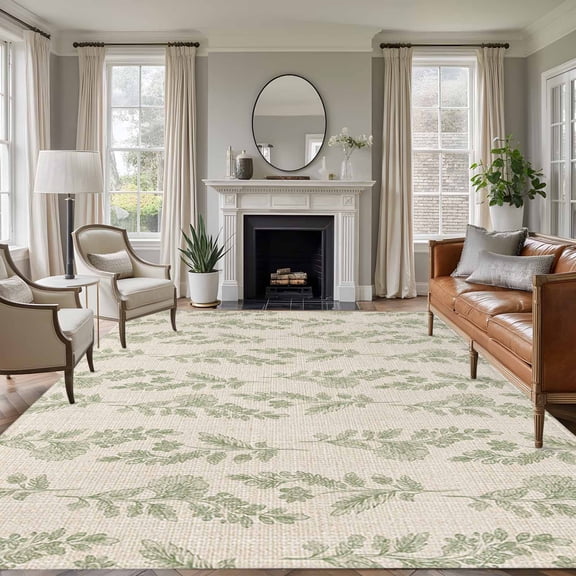 Area Rug for Living Room, Green Botanical Non-Slip Indoor Large Carpet for Bedroom/Dining Room, Pastoral Elegant Spring Floral Rustic Washable Low-Profile Rectangle Floor Runner Rugs - 6 x 9 Ft