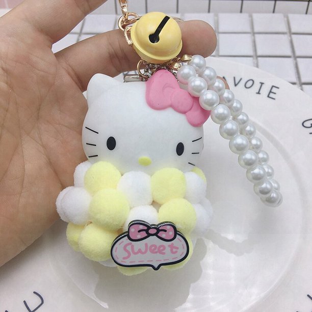 Sanrio-Llavero de felpa con Bola de Pelo de Hello Kitty, colgante de cinta de perlas, accesorios Kawaii para niñas, figuras de Anime, regalo para niños Fivean unisex