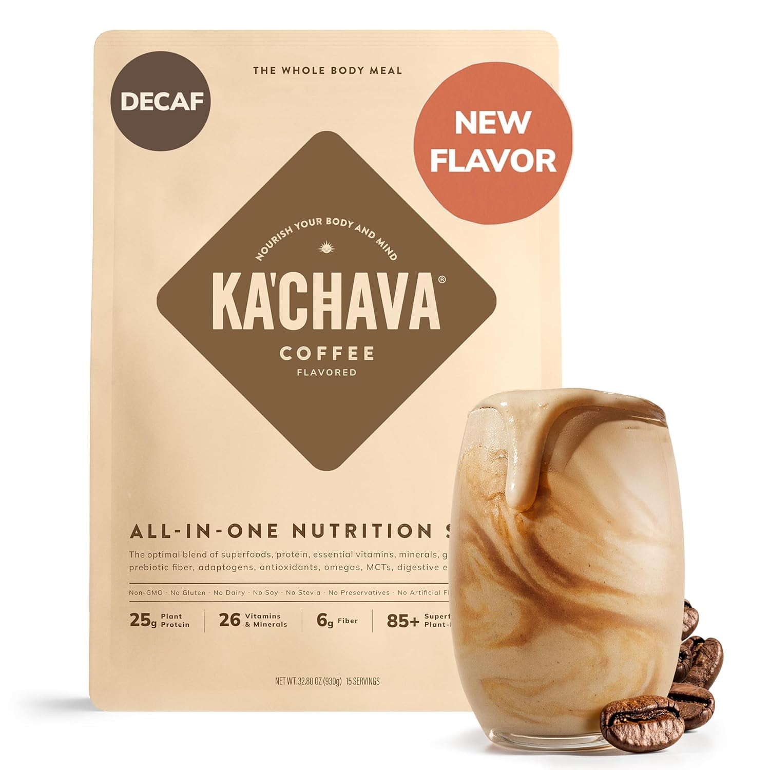 Ka’Chava Whole Body Meal Shake Coffee 2 lb – Vegan Protein Powder with 25g of Protein, 6g of Fiber – Plant-Based Meal Replacement – Probiotics & Digestive Enzymes – Gluten & Dairy Free (15 Servings)