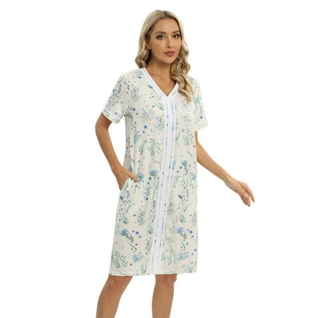 

Baywell Women Patchwork Nightgown Sleepwear Short Sleeve Nightdress V-Neck Sleeping Nightshirts Ladies Loungewear Beige S-2XL