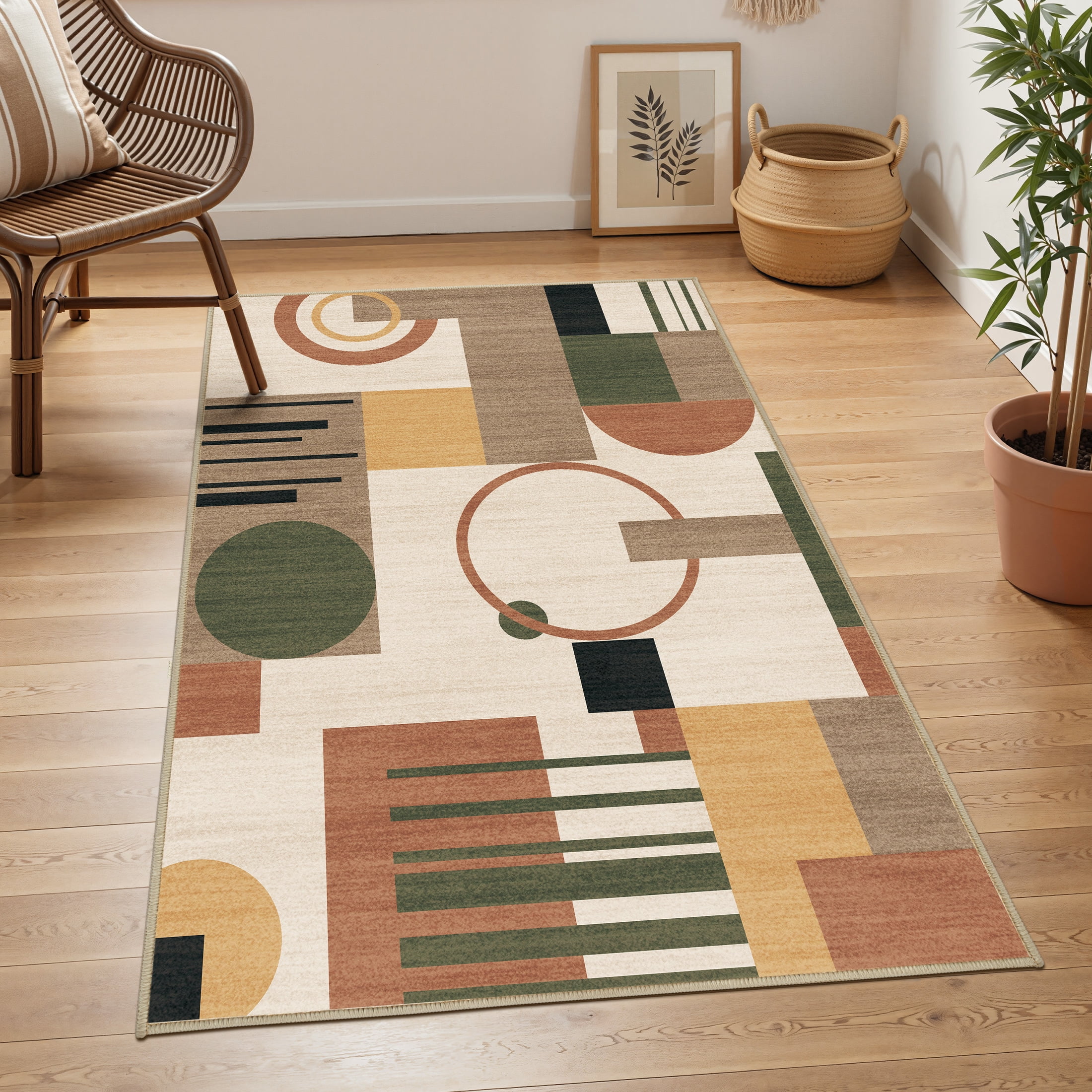 MICGEEK 3x5 Washable Area Rugs for Living Room, Modern Geometric Printed Rug, Vacuum-Friendly, Non Slip Indoor Rug for Bedroom Dining Room Home Decor Carpet, Beige Multi