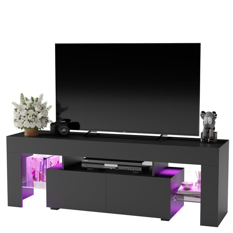 Homall 63'' TV Stand for TVs up to 70'', TV Stand with Remote LED Lights, Black Modern Entertainment Center with Soft-Close Drawers & Adjustable Shelves for Living Room, Black
