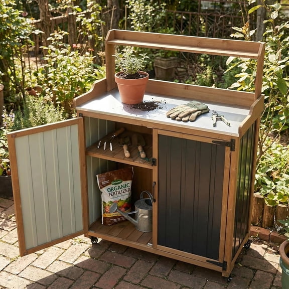 Petsblublu Outdoor Potting Bench Storage Cabinet, Garden Table with Metal Top&Shelf for Backyard