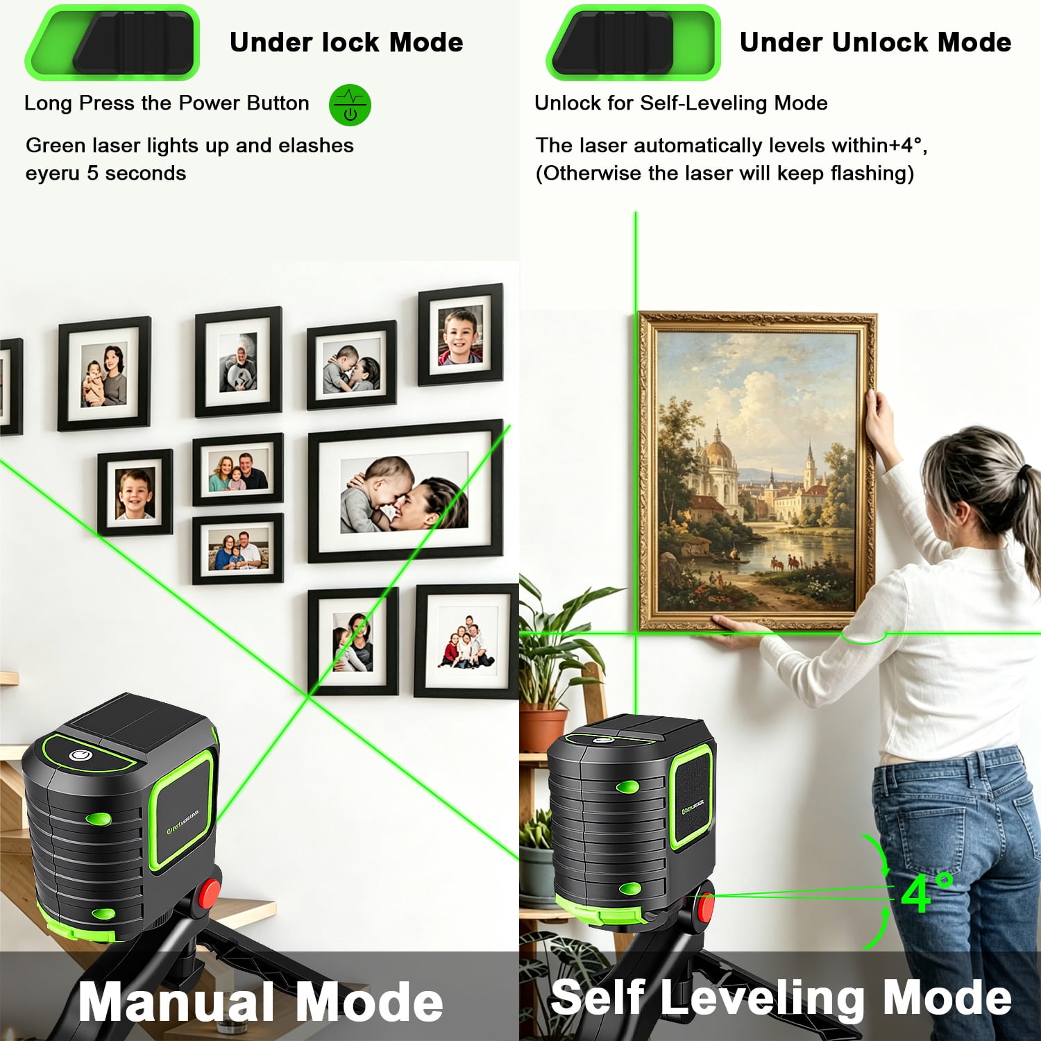 Zacenei Laser Level with Tripod,65 FT Self Leveling Cross Line Laser Leveler Tool w/ Rotatable 360° Magnetic Base,Pulse Mode,Green Laser Level for Picture Hanging,Home Renovation,Indoor Project,Black