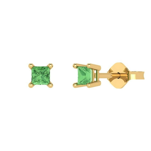 0.5 ct Push-Back Stud Earrings for Women | 3.5mm Princess Cut Simulated Green Diamond | 18K Yellow Gold