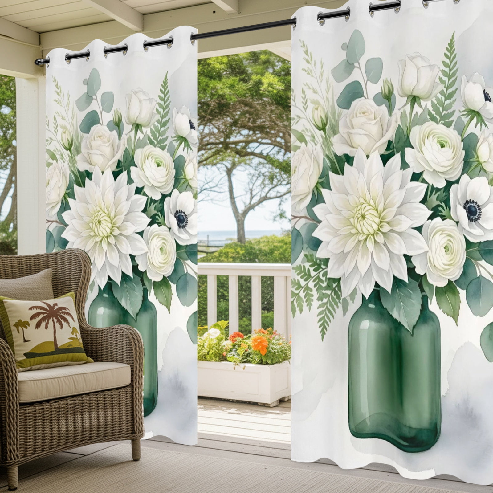 White Dahlia Rose Flower Outdoor Curtains for Patio, Eucalyptus Leaf Green Vase Botanical Sunshade Privacy Drapes Grommet Waterproof Outside Curtains for Porch/Cabana/Balcony 54"x 108", 1 Panel
