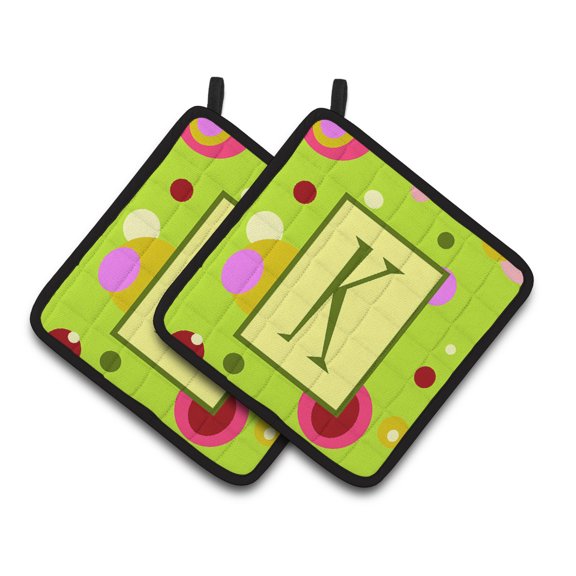 Carolines Treasures CJ1010-KPTHD Letter K Monogram - Lime Green Pair of Pot Holders, 7.5HX7.5W, multicolor