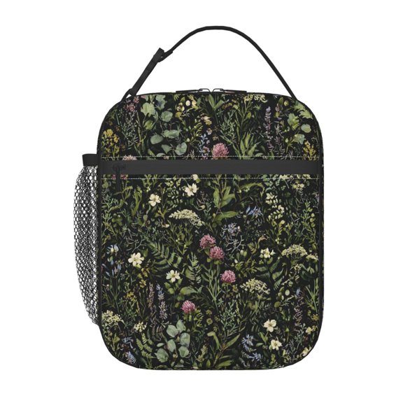 Dark Botanical Wildflower Lunch Bag Reusable Thermal Lunch Box with Handle for Women and Men