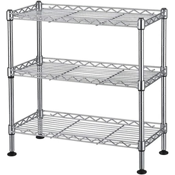 3 Tier Storage Racks and Shelving - 17L x 8W x 17H Metal Storage Rack Adjustable Pantry Shelves Kitchen Shelf for Kitchen Garage Small Places , Chrome