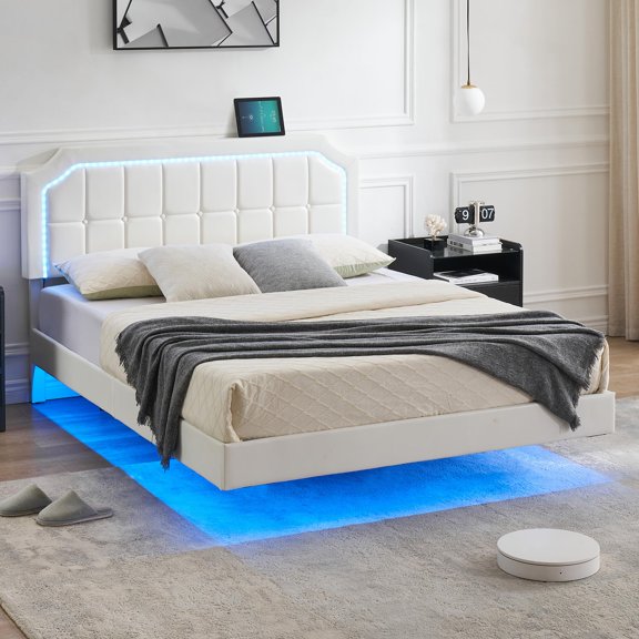 TROPOW Full Size Bed Frame,Smart RGB LED Lights Headboard, Modern Full Upholstered Platform with Adjustable Headboard, Stable Structure, No Box Spring Needed, Easy Assembly, White