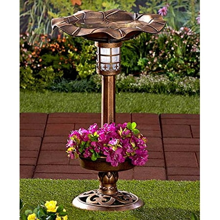 Bronze Solar Led Lighthed Leaf Top Weatherproof Bird Bath Feeder