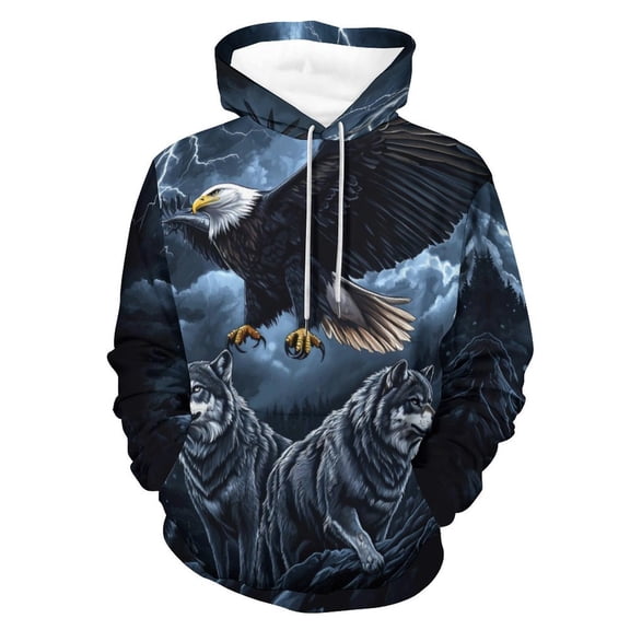 LAOLIUSN Men's 3d Print Wolf And Bald Eagle Graphic Hoodie Animal Themed Sweatshirt, S-4XL