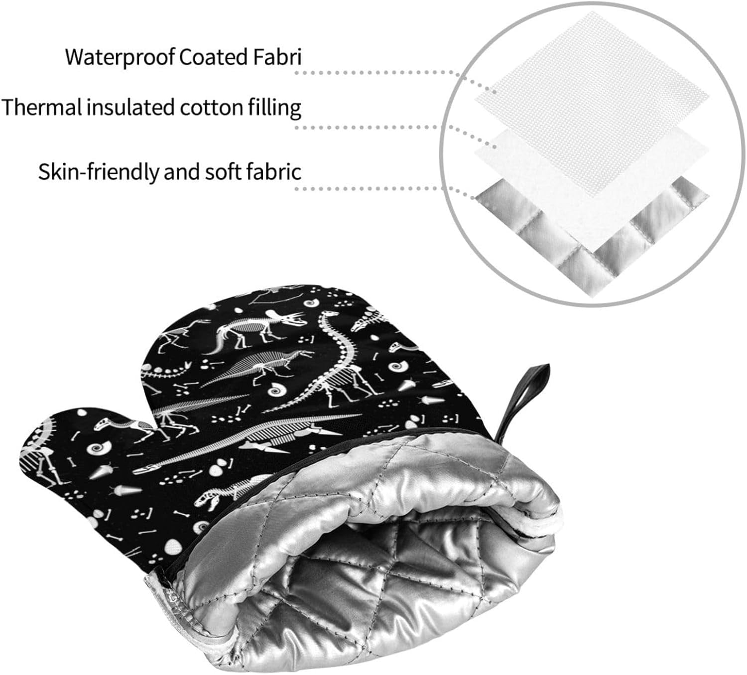 Oven Mitts and Pot Holders Sets of 4, Dinosaur Skeleton Kitchen Gloves for Cooking Baking Black and White Hot Pads BBQ Potholders