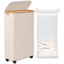 Slim Laundry Hamper with Wheels, Collapsible Thin Laundry Basket with Lid and Removable Bag, Bamboo Handle Slim Clothes Hamper for Bedroom, Bathroom, Dorm, Apartment