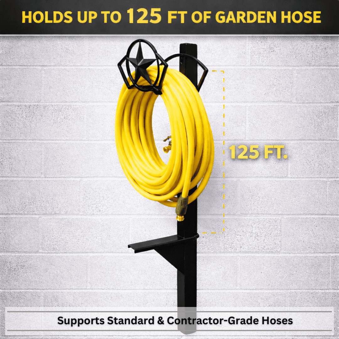 Garden Hose Holder - Upgraded Water Hose Hanger Holds 125ft, Heavy Duty Freestanding Garden Hose Reel Hanger for Outside Yard & Lawn (With Faucet)