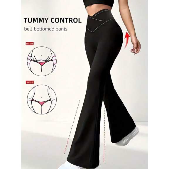 Women’s Black High Waist Flared Yoga Pants Crossover Waist Leggings Stretch Workout Pants Soft Activewear