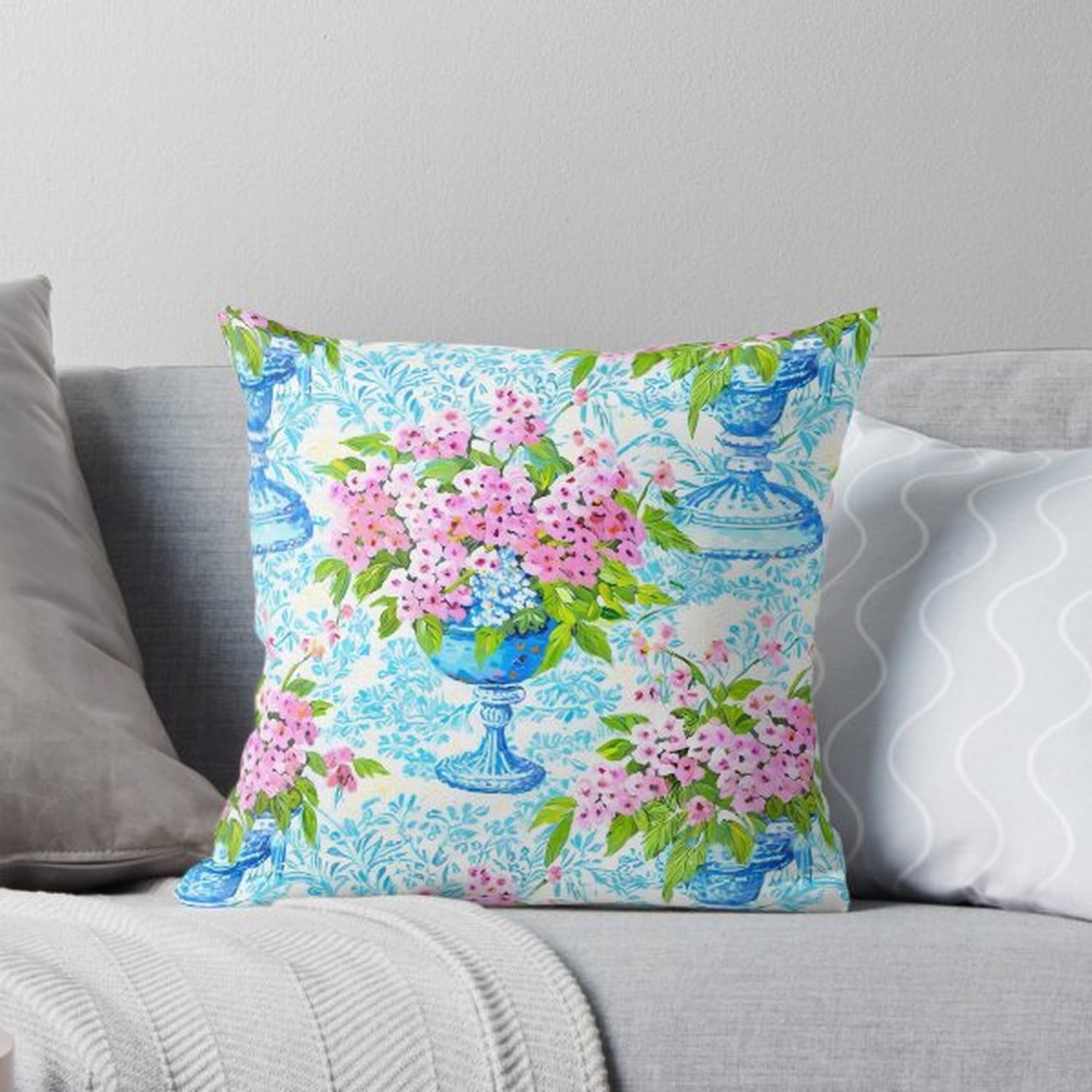 Pink Flowers and Blue Pedestal Urns Square Pillow Case 100% Polyester Velvet Botanical Cottage Home Décor