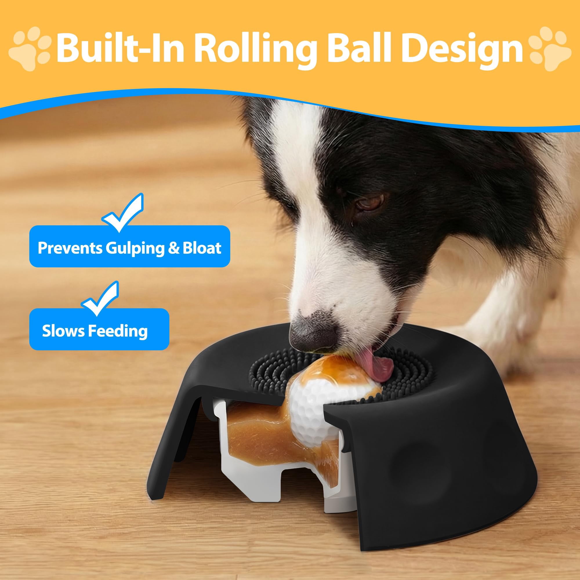 Slow Feeder Dog Licking Bowl with Rolling Ball, Interactie Lick Mat for Dogs and Cats, Slip Pet Bowl for Yogurt Bone Broth Liquid Treats, Mental Stimulation Toy for Large Medium Small Pets, Black