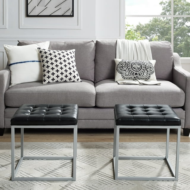 Inspired Home Simpson Pouf Cube en Similicuir, Cadre en Métal Capitonné Moderne, Noir