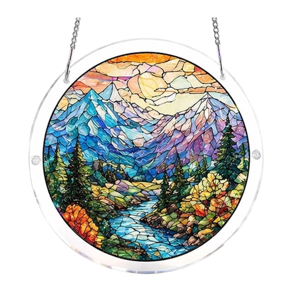 Stained Glass Window Hanging, Mountain River Scenery, 1 Piece 5.9 Inch Round Decorative Ornament, for Home Window Wall Sun Catcher Decoration Holiday Gift House Decor