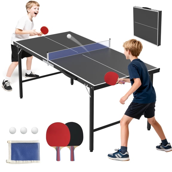 5FT Outdoor Ping Pong Table, SHINPT Table Tennis Table with Net and Paddles, 5ft Portable Ping Pong Table Set for Backyard, Patio, Basement, Waterproof Mini Ping Pong Table for Party/Family Games