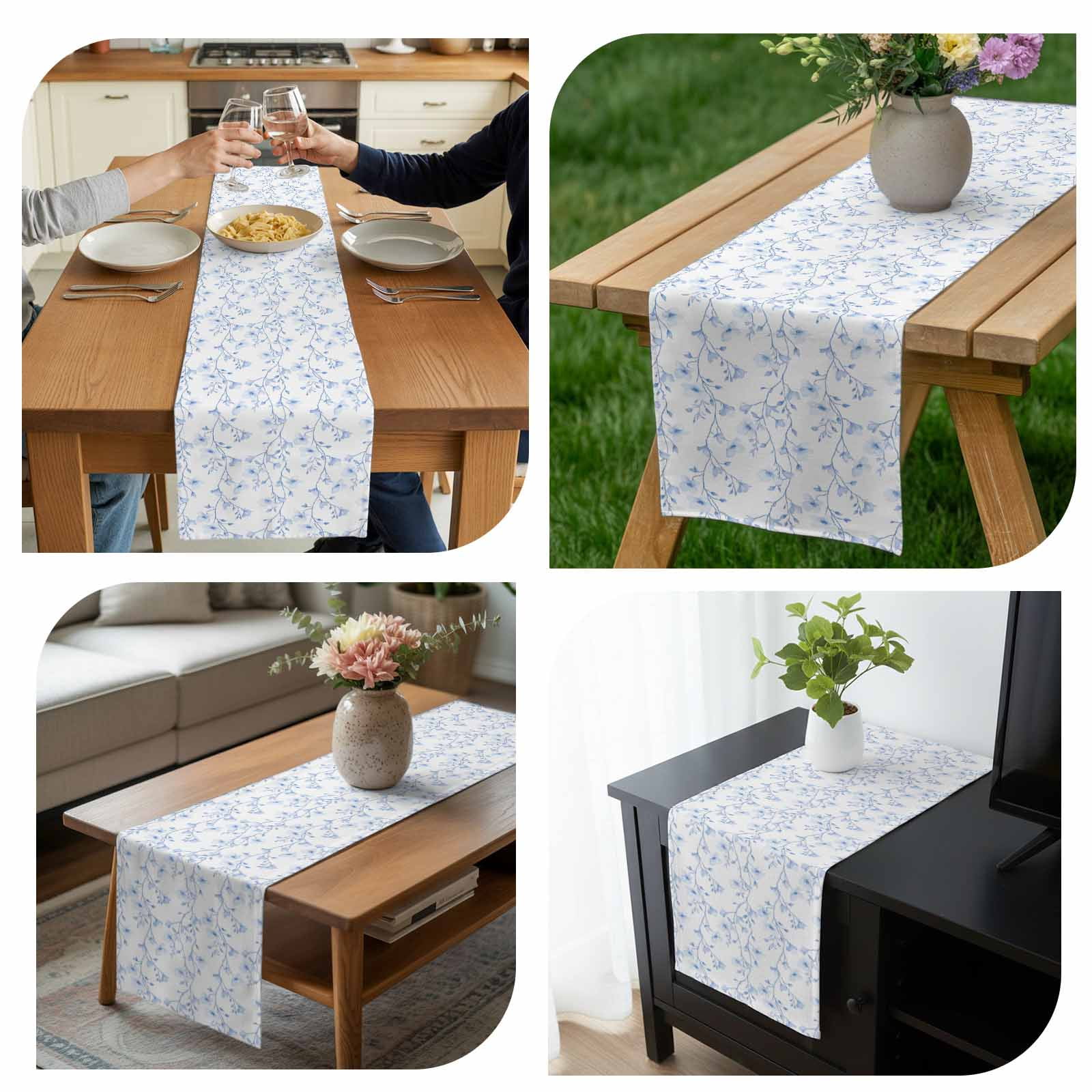Flowers Table Runner 13x108 inch Branches Cotton Linen Dining Table Runner Ideal for Dresser Kitchen Coffee Tables - Machine Washable