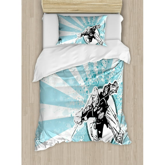 Hockey Twin Size Duvet Cover Set, Grungy Retro Style Halftone Background with a Goaltender Figure in Circle, Decorative 2 Piece Bedding Set with 1 Pillow Sham, Pale Blue Black White, by Ambesonne
