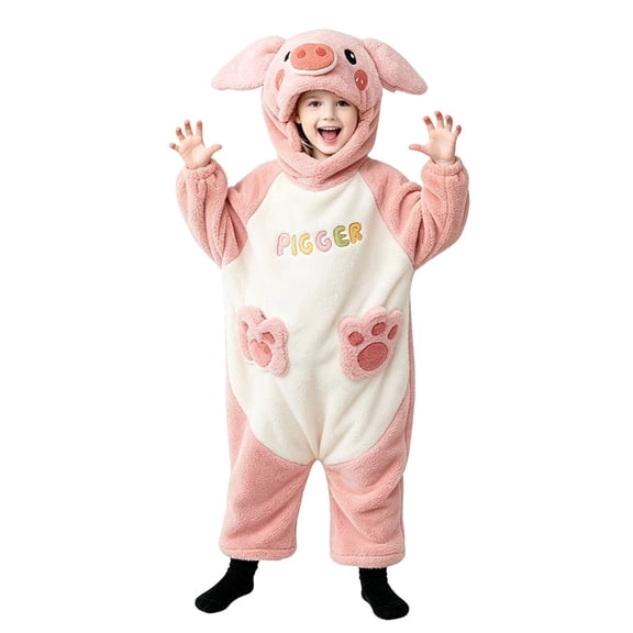 CONROSES Girls Halloween Onesie Pajamas Cartoon Pig Plush Hooded Pjs Hallowmas Loungewear Sets Warm Fall Winter Nightwear Sleepwear