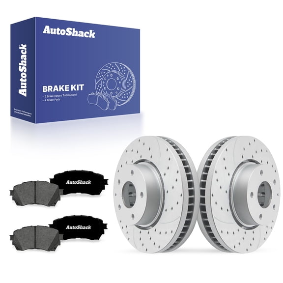 AutoShack Front Vented Drilled & Slotted Coated Brake Rotors Silver Matte Finish   Premium Ceramic Pads 6-PC Brake Kit Replacement for 2019-2021 Mazda 6 TurboGuard 11.69" (297 mm)