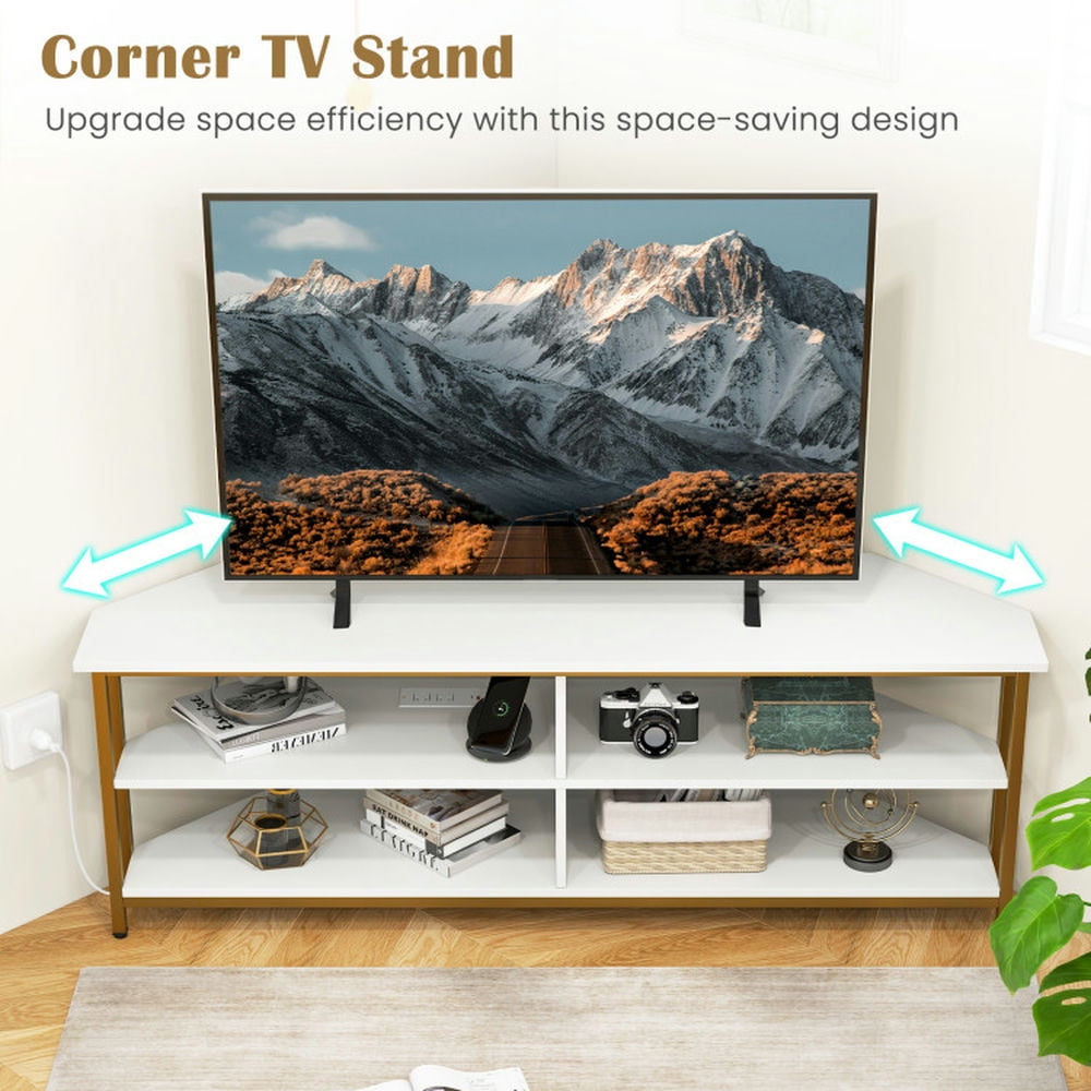 Finihen TV Stand, Entertainment Center, 3-Tier Corner TV Stand for TVs up to 65 Inches with Charging Station, for Living Room, White