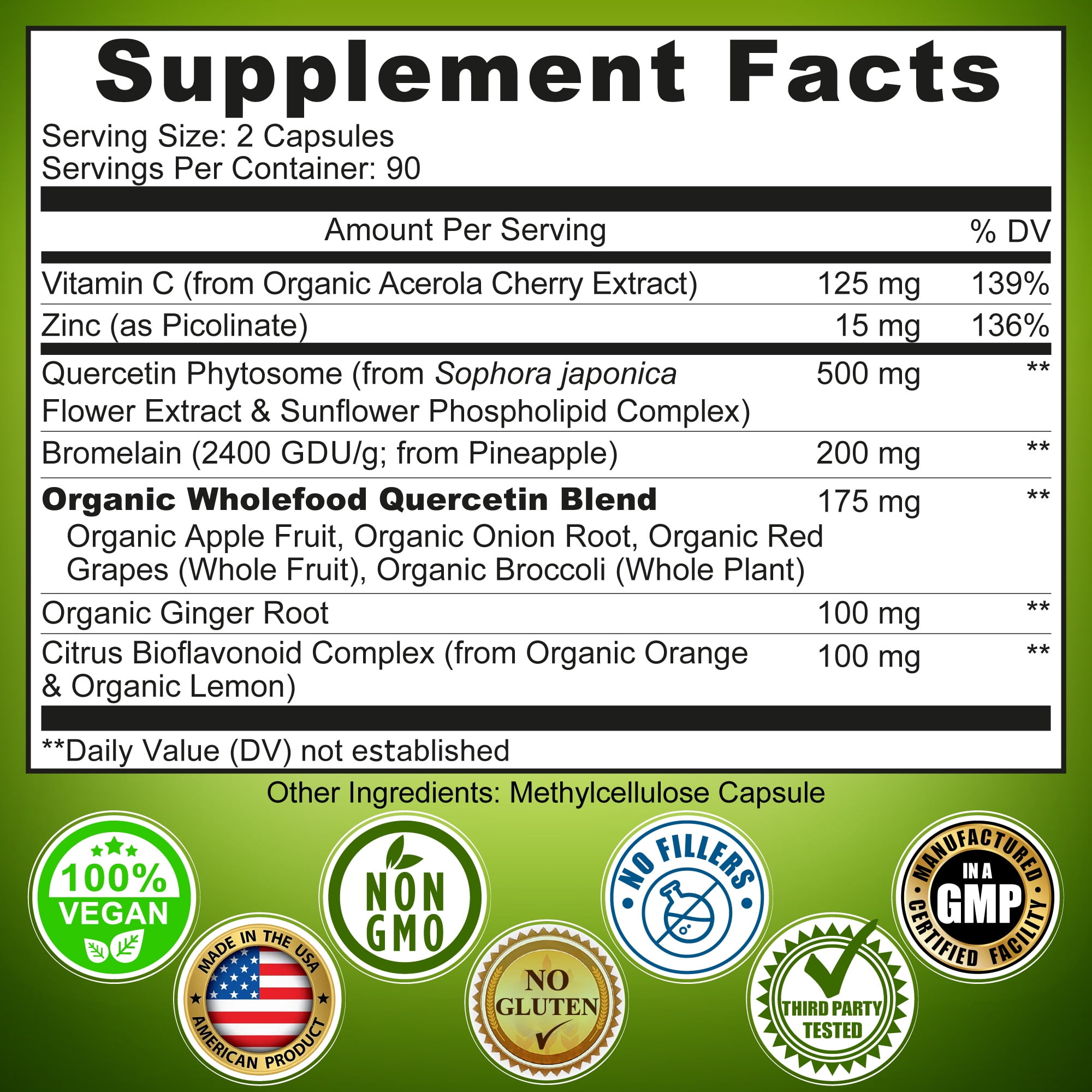 Quercetin with Bromelain – Quercetin Phytosome 500 mg High Absorption Supplement – Immune Support with Vitamin C, Zinc, Ginger & Citrus Bioflavonoids – Organic Whole Food Blend – 180 Capsules