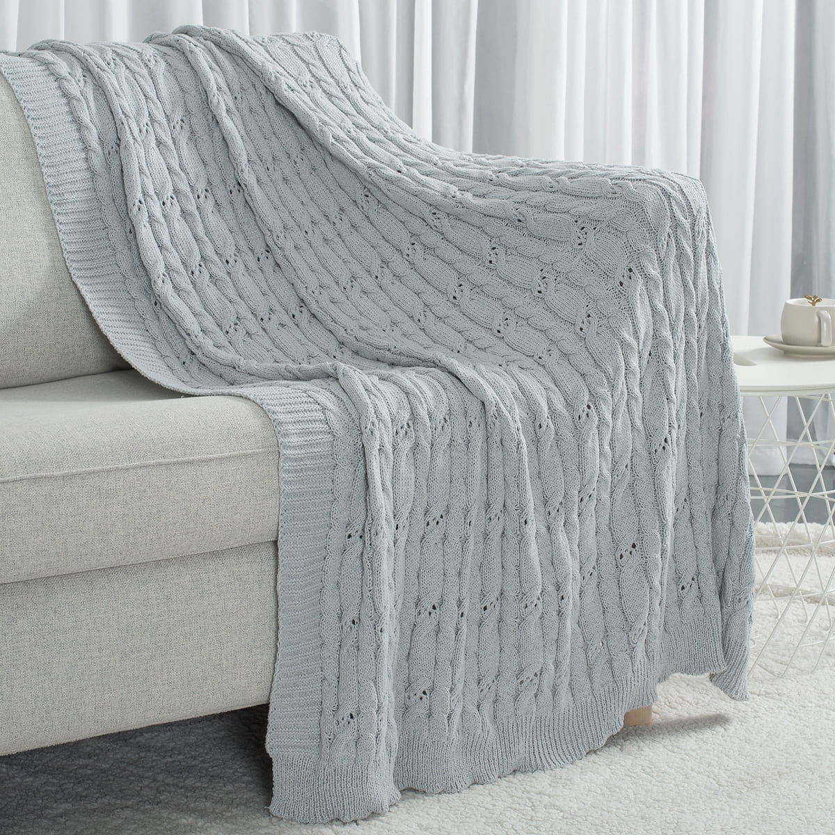 Carriediosa Cable Knit Throw Blanket Farmhouse Decor for Couch Chair Bed Sofa, 60" x 80" Light Grey