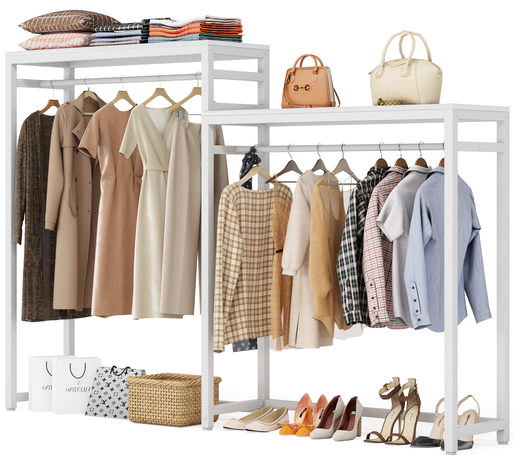 DlandHome Free-Standing Garment Clothing Racks, Home Metal Clothing Rack with 4-Tier Storage Shelves and Hanging Rod Closet Storage Organizer