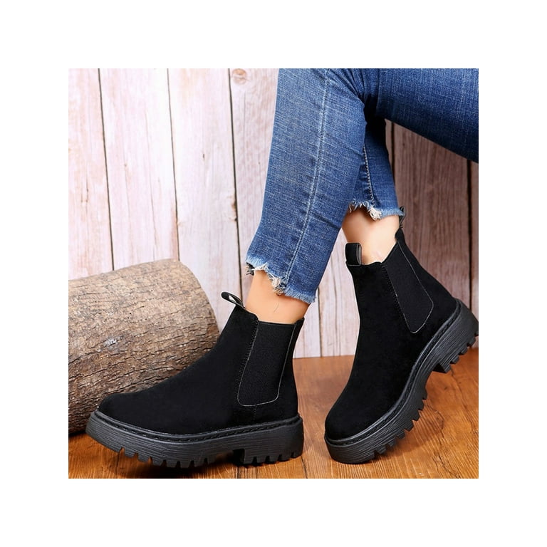 Daeful Women Comfort Pull On Ankle Boots Walking Winter Shoes Work Wear Resistant Combat Booties Black 7