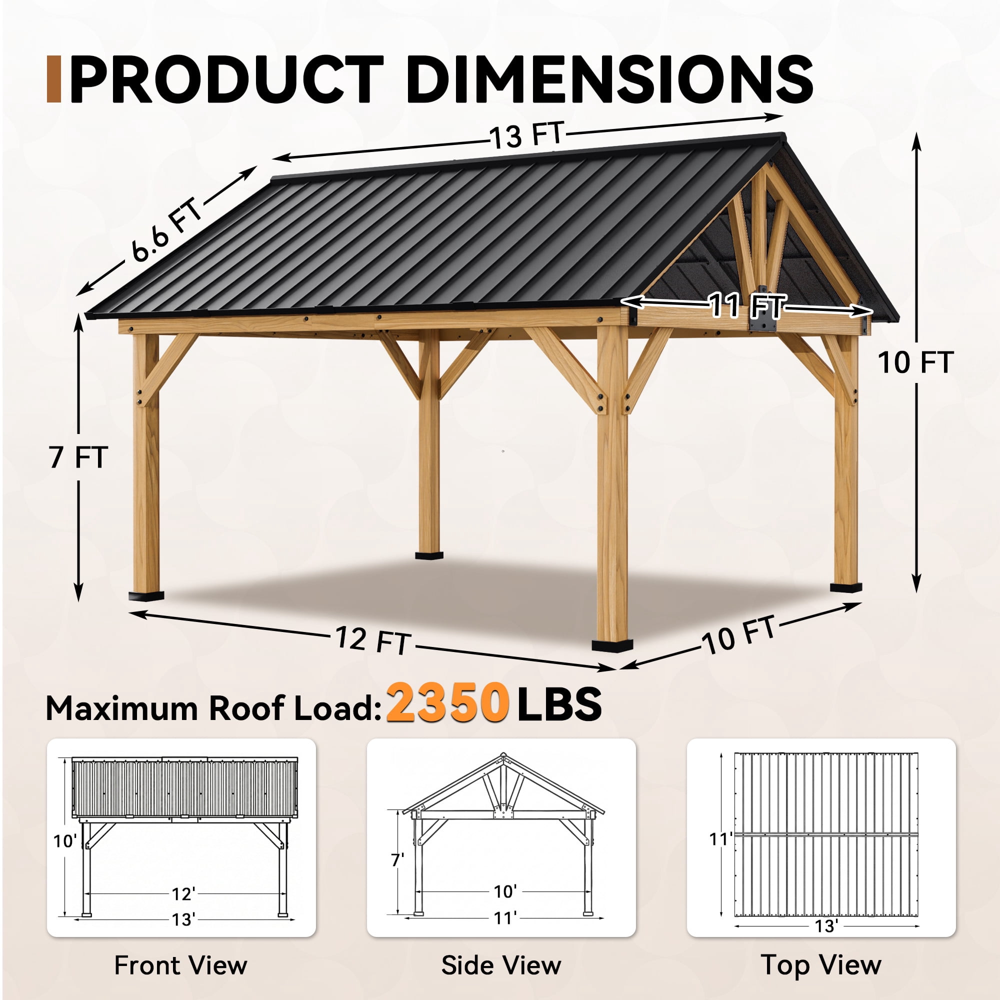 MeetLeisure 11' x 13' Cedar Solid Wood Hardtop Gazebo, Outdoor Patio Gazebo with Steel Roof, Black