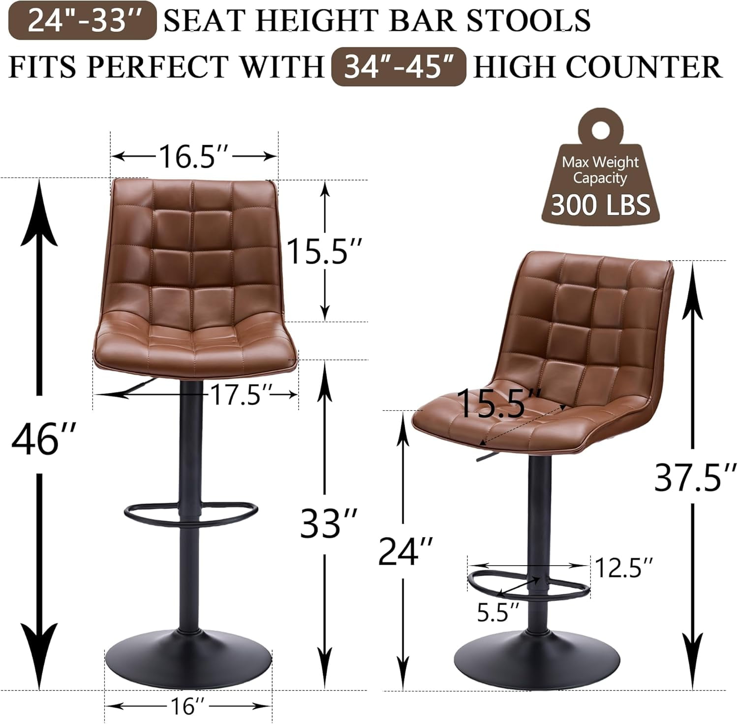 FIRAVOE Bar Stools with Back Set of 4, Adjustable Counter Height Bar Stools, Swivel Barstools Faux Leather Bar Chairs for Kitchen Island, Brown
