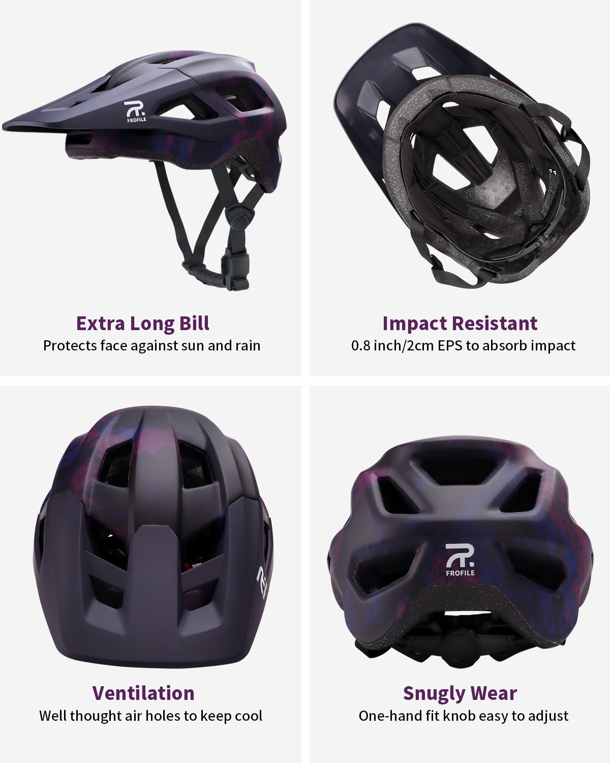 FROFILE Mountain Bike Helmet for Adult - Pinch-Free Magnetic Buckle, Purple Camo, CPSC Certificated MTB Bicycle Helmets with Detachable Visor for Men & Women