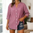 thumbnail image 2 of felwors Cotton 3/4 Sleeve Button Down Shirts for Women Gingham Plaid Striped Tops V Neck Casual Loose Blouse (Wine, S), 2 of 7