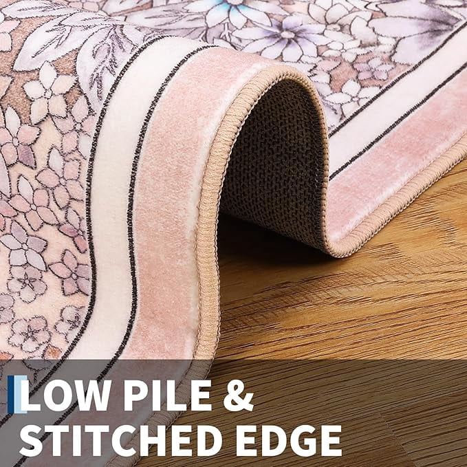 8'x 10' Runner Rug for Hallways Kitchen Non Slip Washable Rugs with Rubber Backing Soft Floral Carpet Runner for Hallways, Kitchen, Laundry, Bedroom, Bathroom-Light Pink