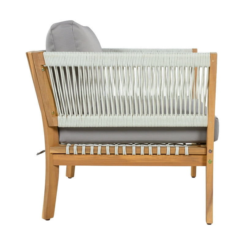 1Pcs Outdoor Acacia Wood Dining Chair with Woven Rope Armrests, Weather-Resistant Modern Accent Armchair with Thick Cushions