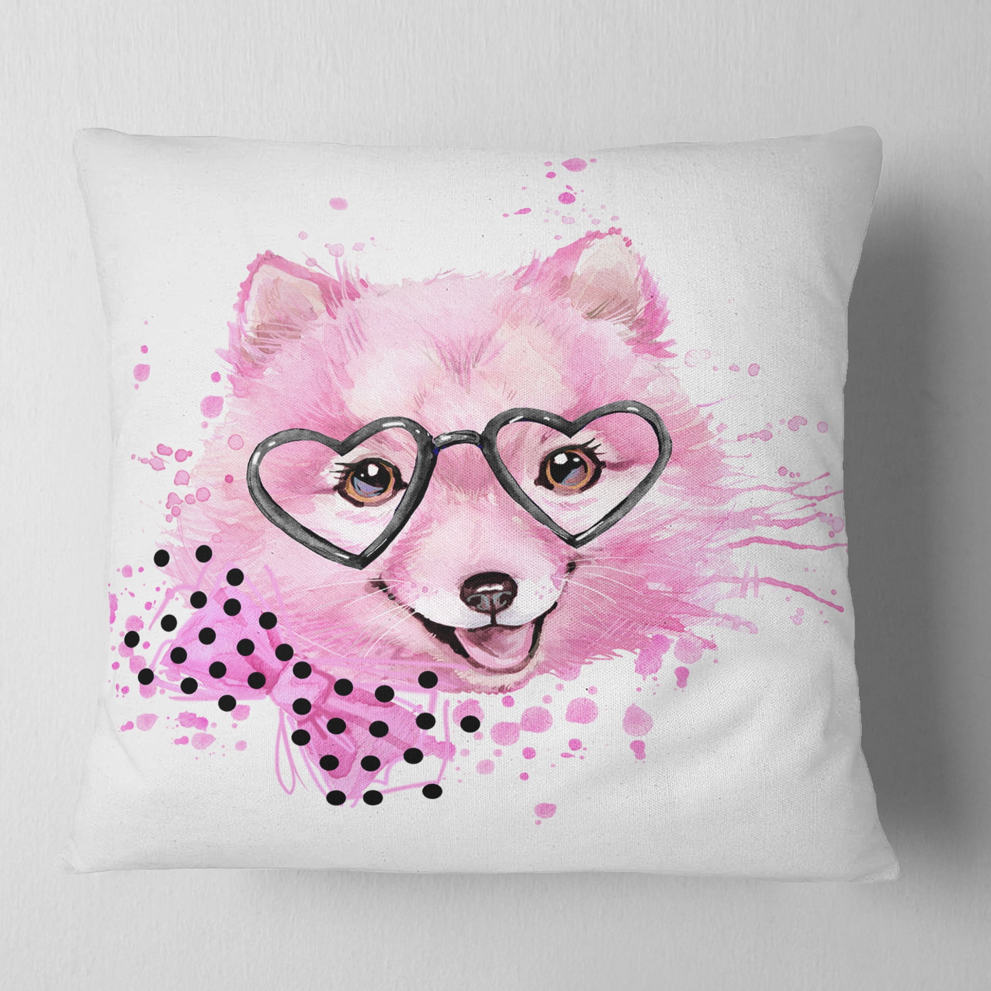 Designart Pink Dog with Heart Glasses - Contemporary Animal Throw Pillow - 16x16