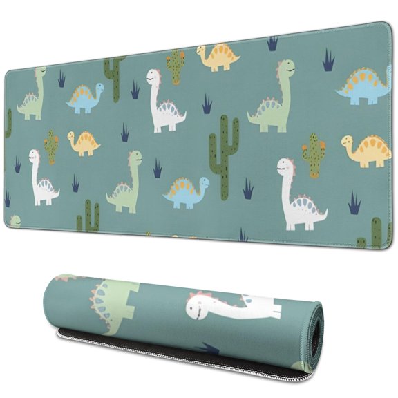 Long Mouse Pads for Desk,LightBlue Cartoon Dinosaurs Cacti Desk Mats on Top Of Desks, Desk Mouse Pad Extra Large with 3mm Non-Slip Base and Stitched Edge for Gaming,Work,Home 31.5"x11.8"