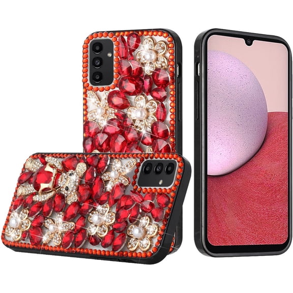 For Samsung Galaxy A14 5G Bling Crystal 3D Full Diamonds Luxury Sparkle Rhinestone Hybrid Protective Cover ,Xpm Phone Case [ Red Panda Floral ]